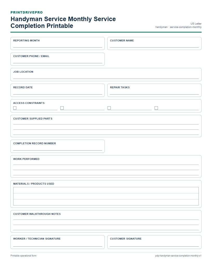 Handyman Service Monthly Service Completion Printable preview