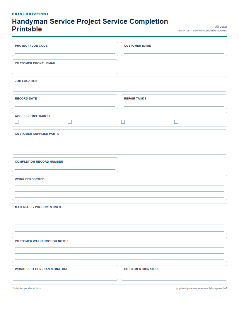 Handyman Service Project Service Completion Printable preview