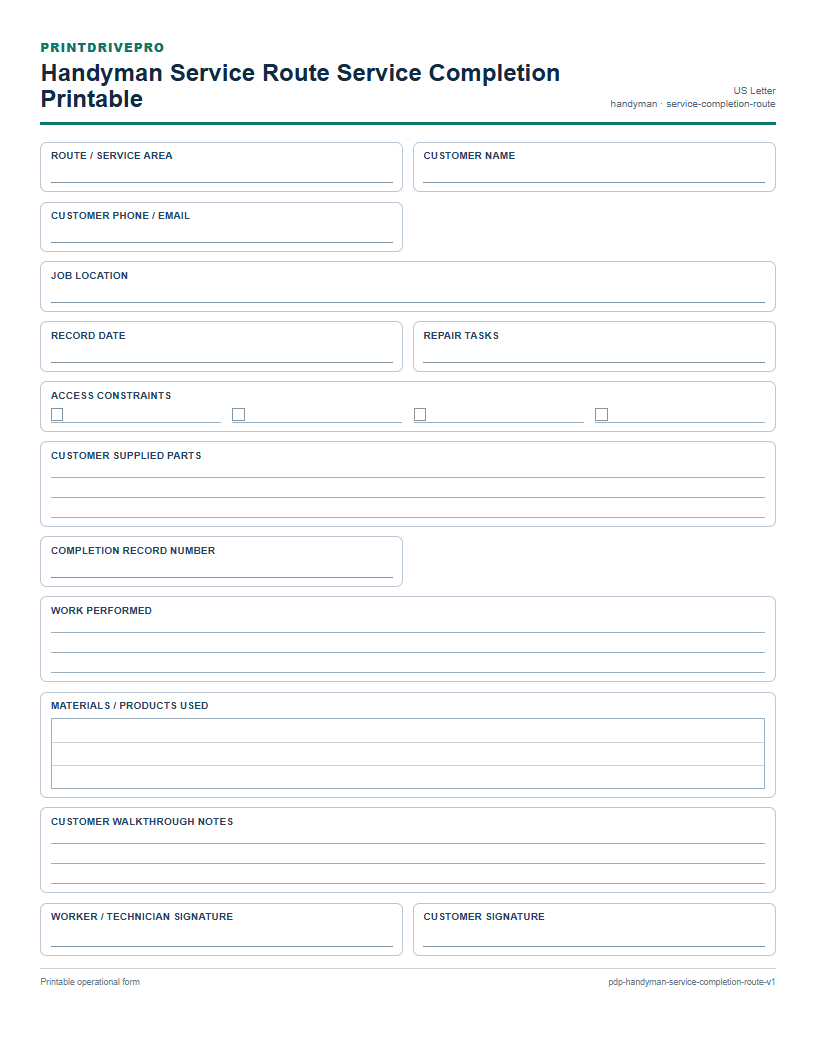 Handyman Service Route Service Completion Printable preview