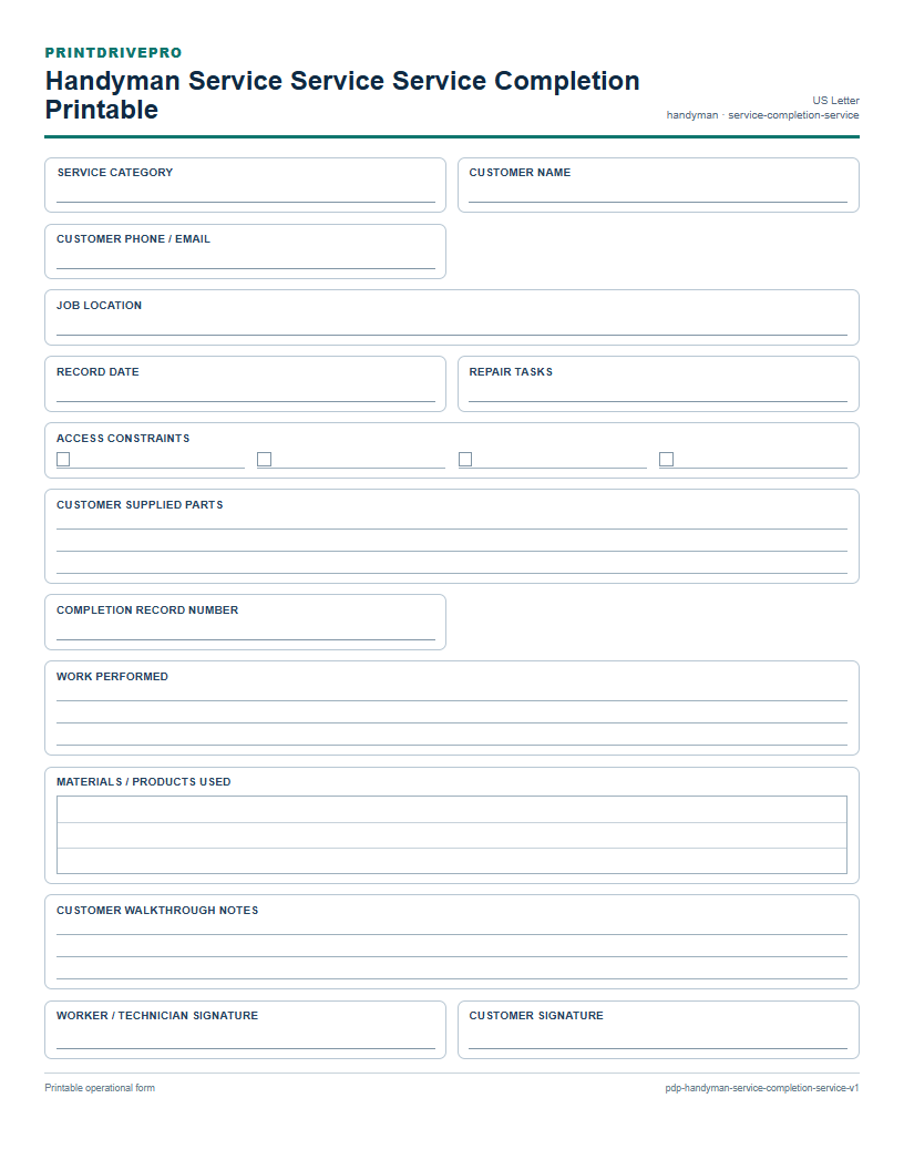 Handyman Service Service Service Completion Printable preview