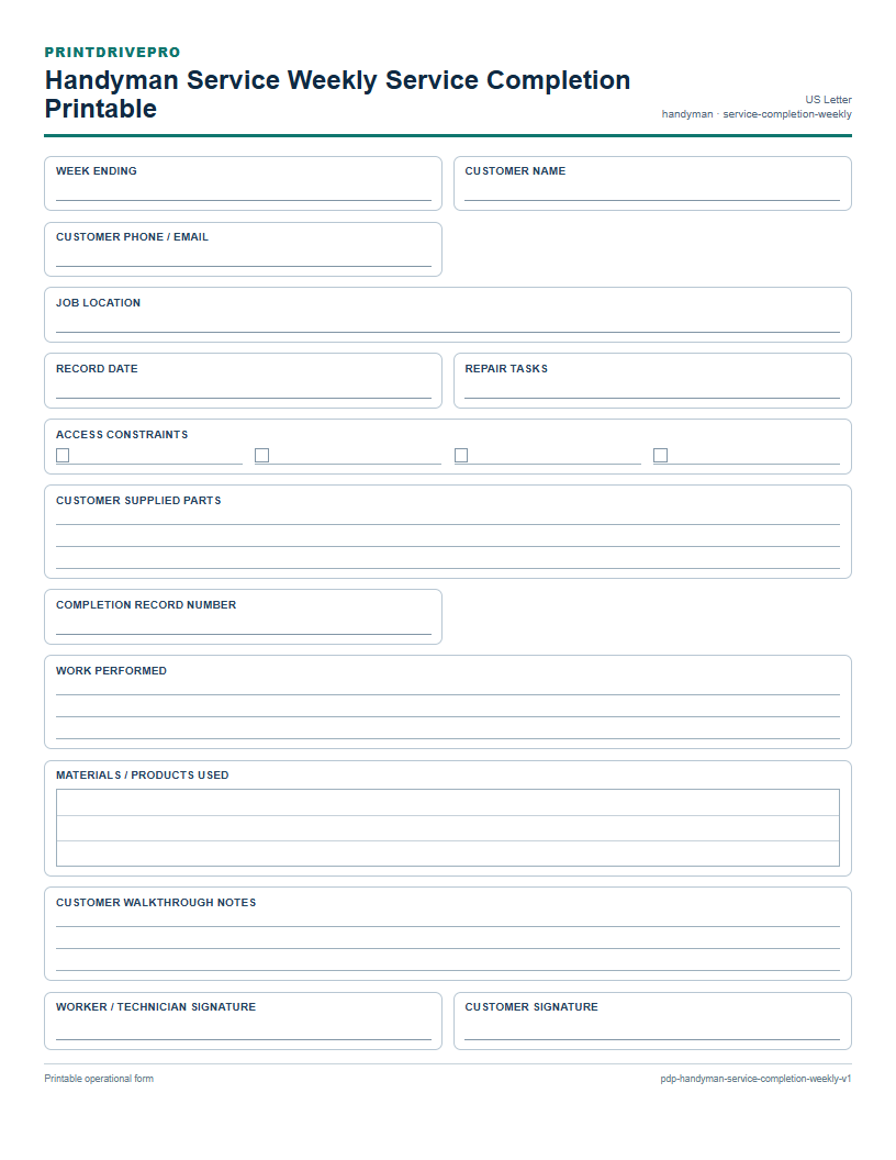 Handyman Service Weekly Service Completion Printable preview