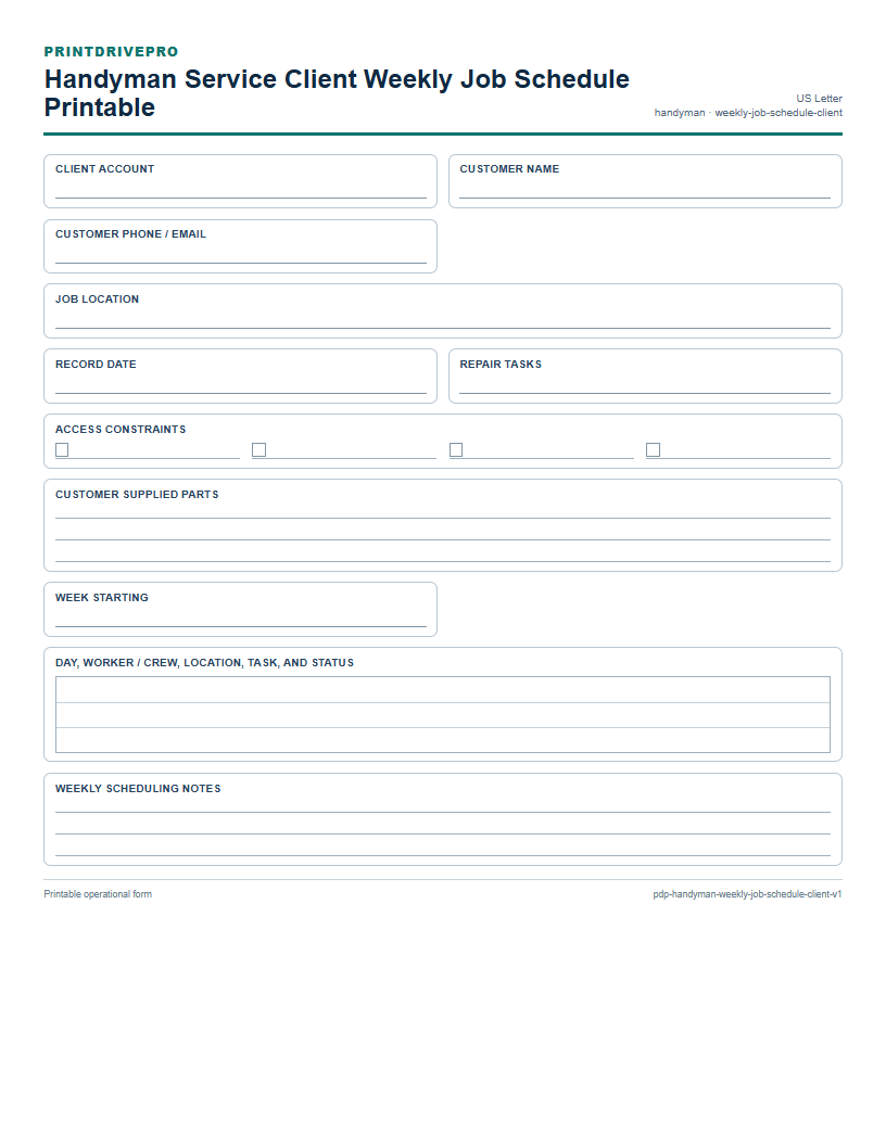 Handyman Service Client Weekly Job Schedule Printable preview