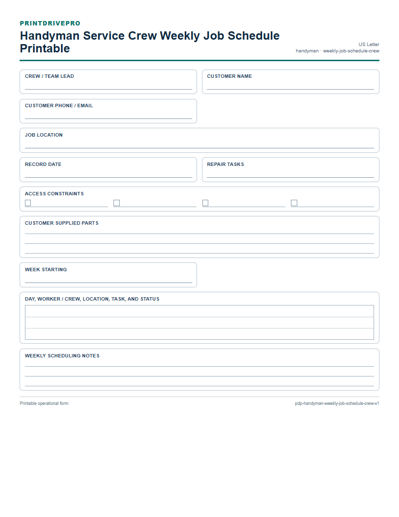 Handyman Service Crew Weekly Job Schedule Printable preview