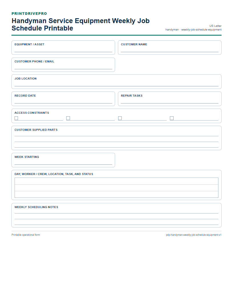 Handyman Service Equipment Weekly Job Schedule Printable preview