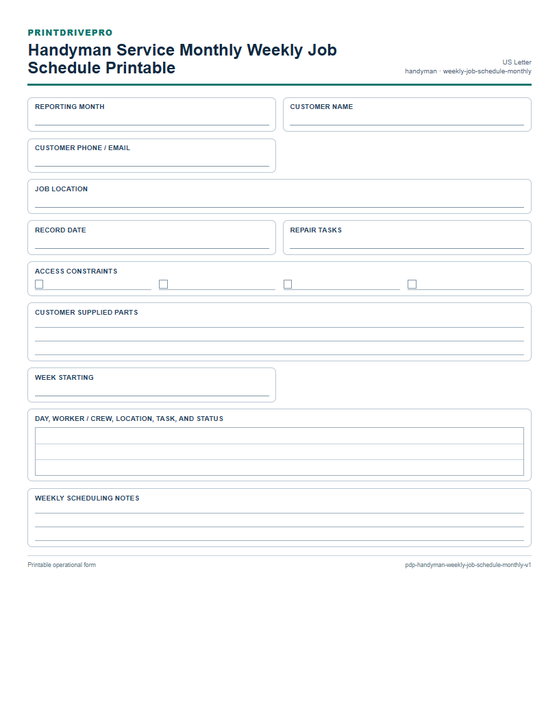 Handyman Service Monthly Weekly Job Schedule Printable preview