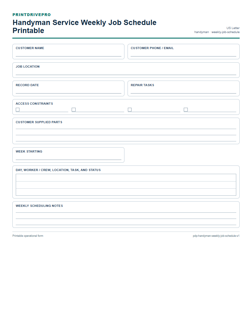Handyman Service Weekly Job Schedule Printable preview