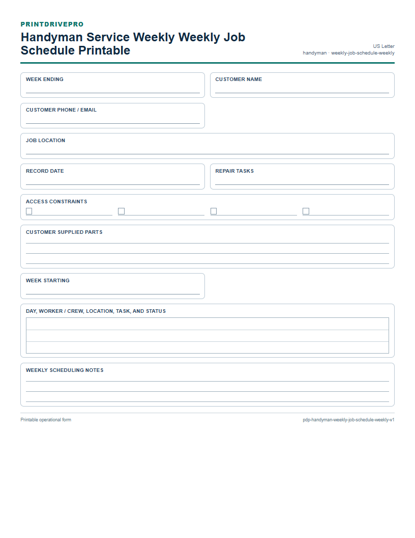 Handyman Service Weekly Weekly Job Schedule Printable preview