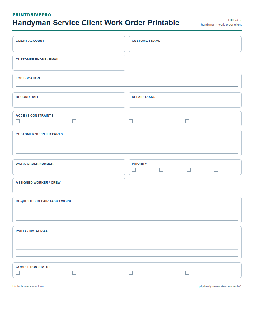 Handyman Service Client Work Order Printable preview