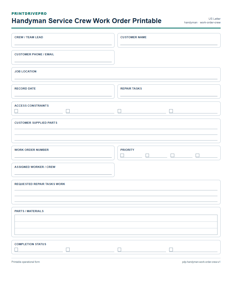 Handyman Service Crew Work Order Printable preview