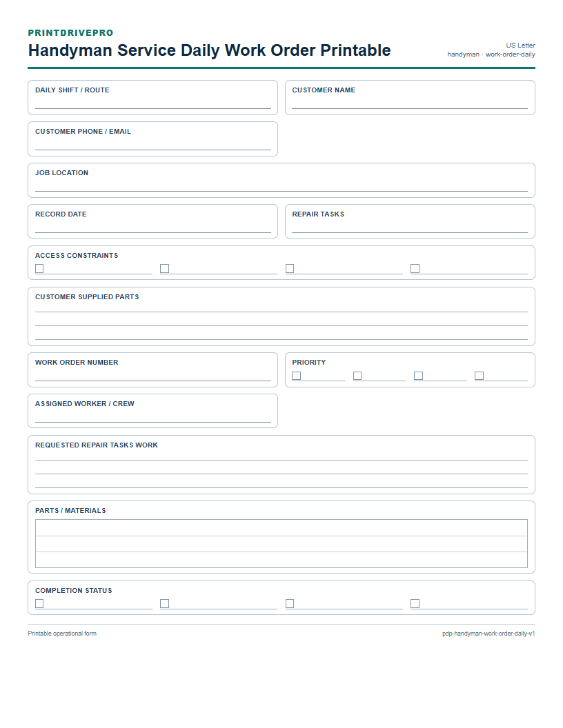 Handyman Service Daily Work Order Printable preview