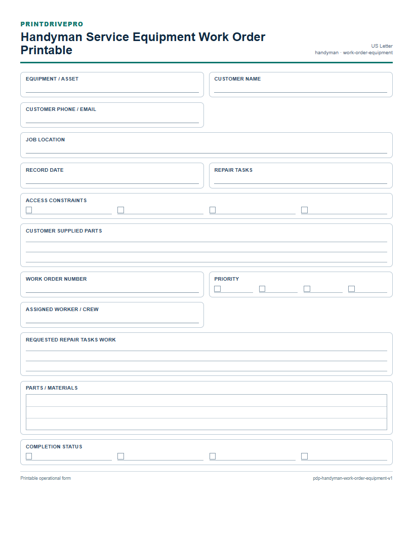 Handyman Service Equipment Work Order Printable preview