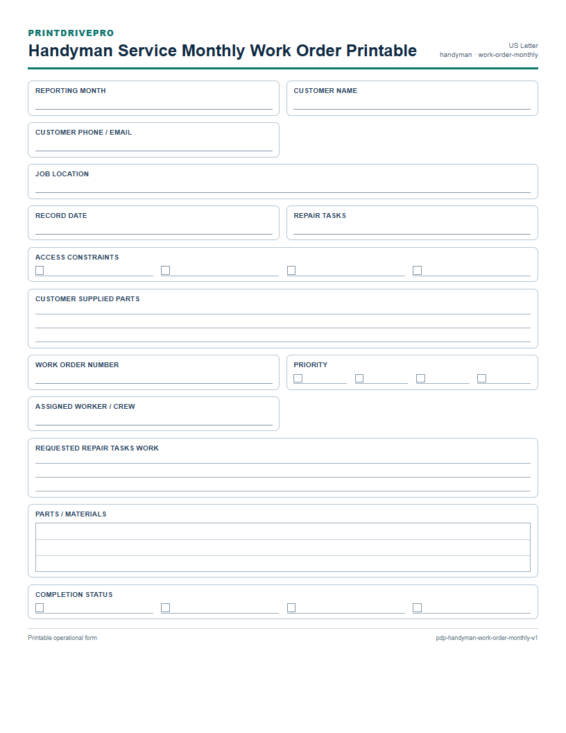 Handyman Service Monthly Work Order Printable preview