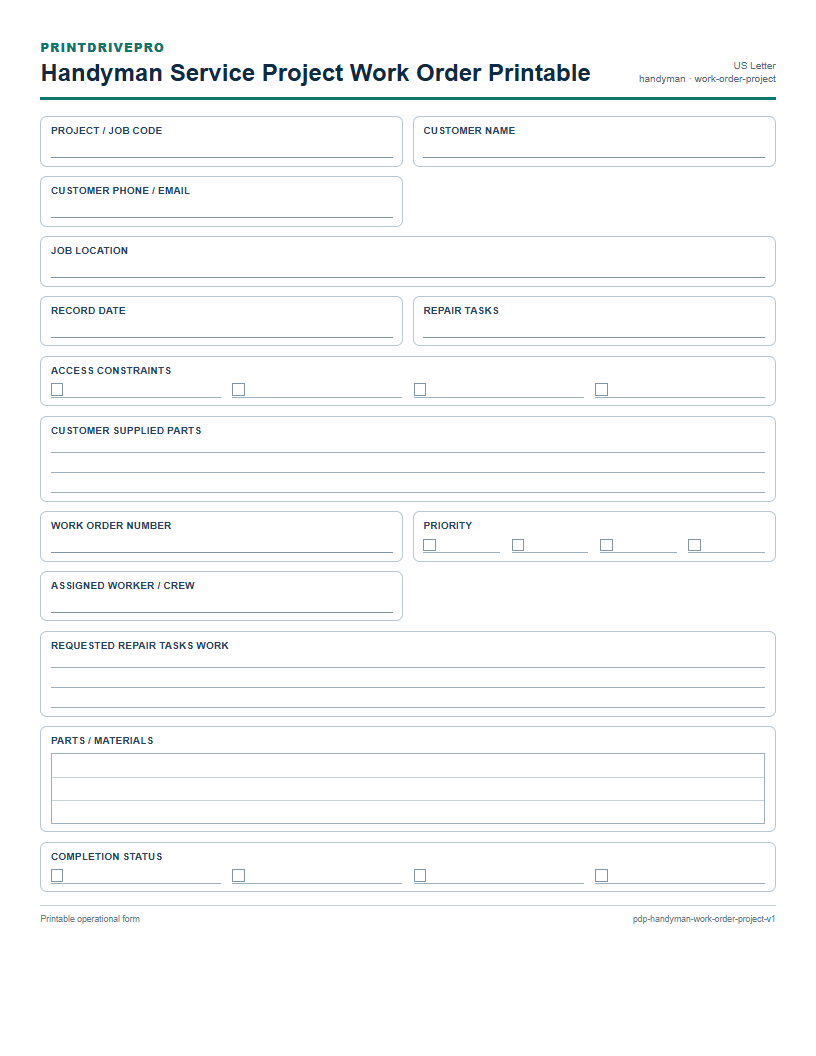 Handyman Service Project Work Order Printable preview