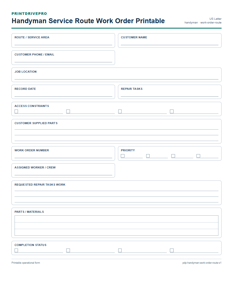 Handyman Service Route Work Order Printable preview