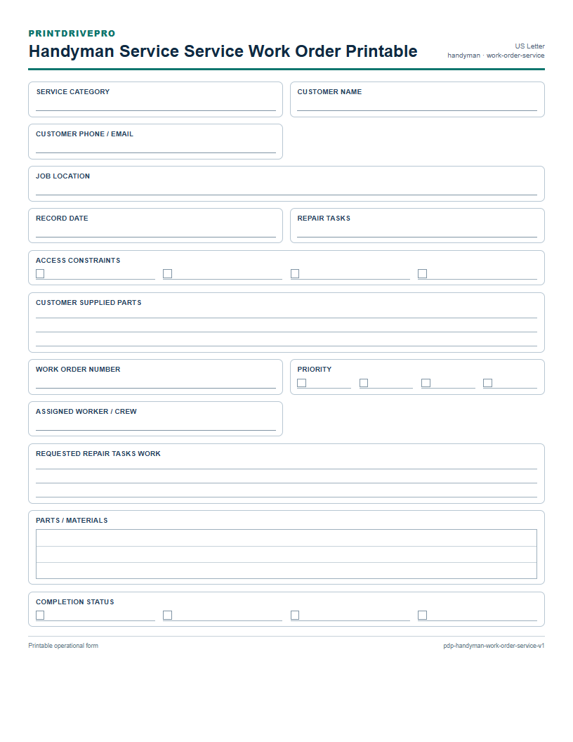 Handyman Service Service Work Order Printable preview