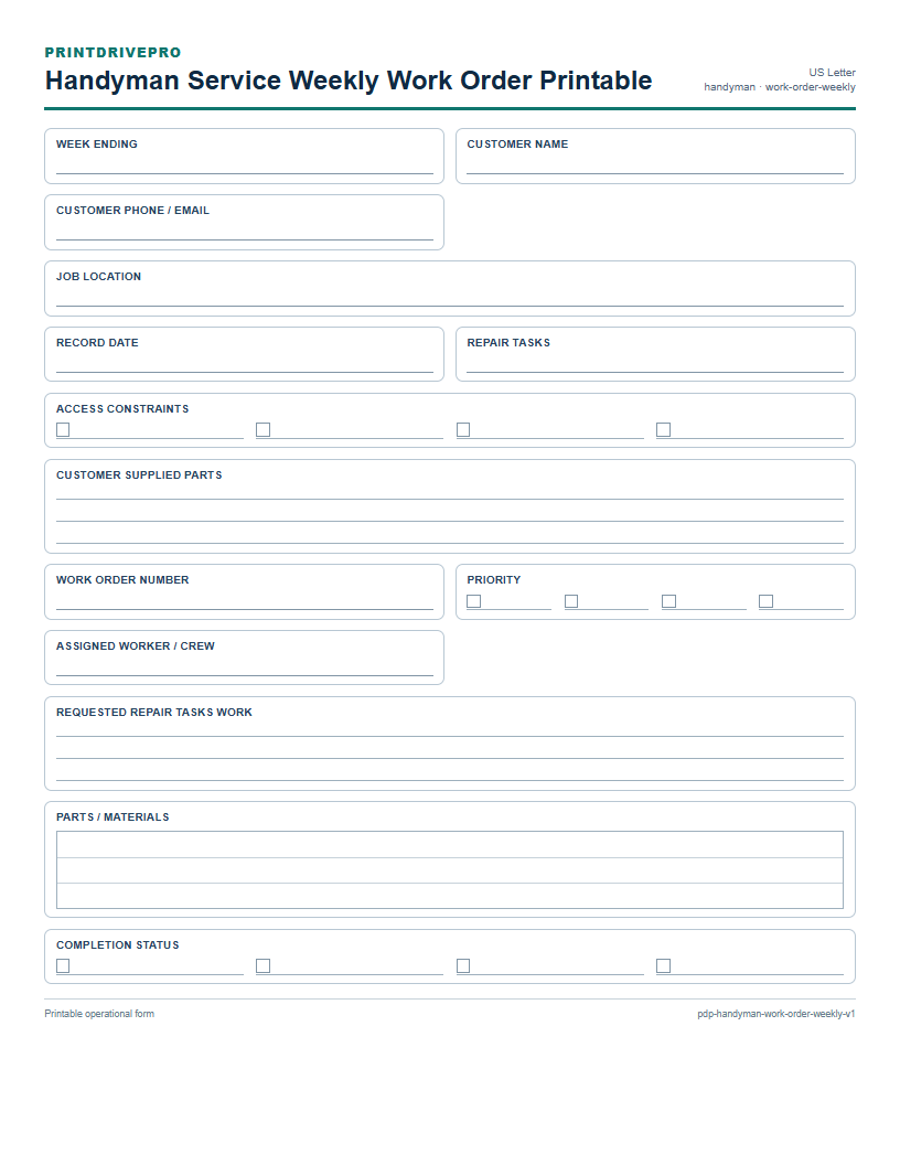 Handyman Service Weekly Work Order Printable preview