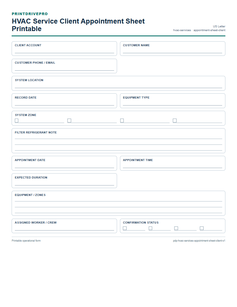 HVAC Service Client Appointment Sheet Printable preview