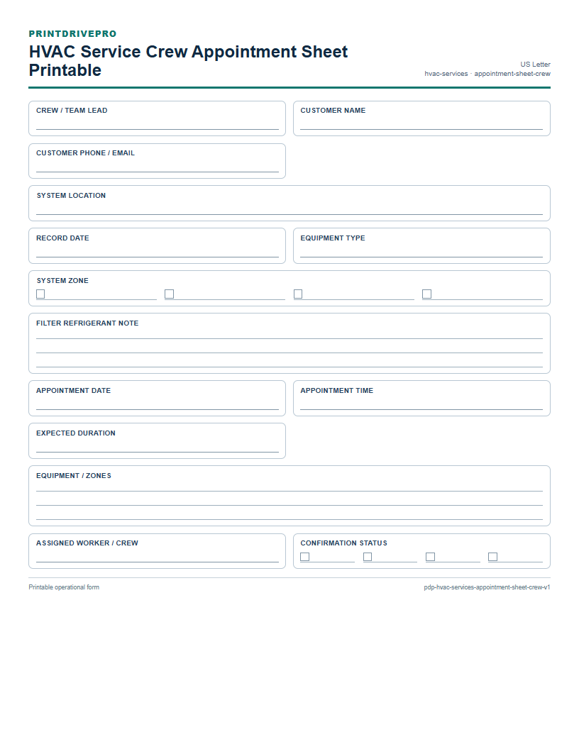 HVAC Service Crew Appointment Sheet Printable preview