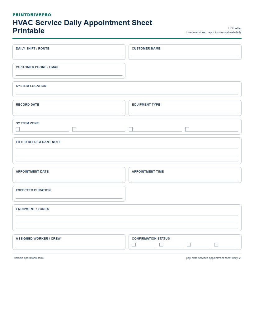 HVAC Service Daily Appointment Sheet Printable preview