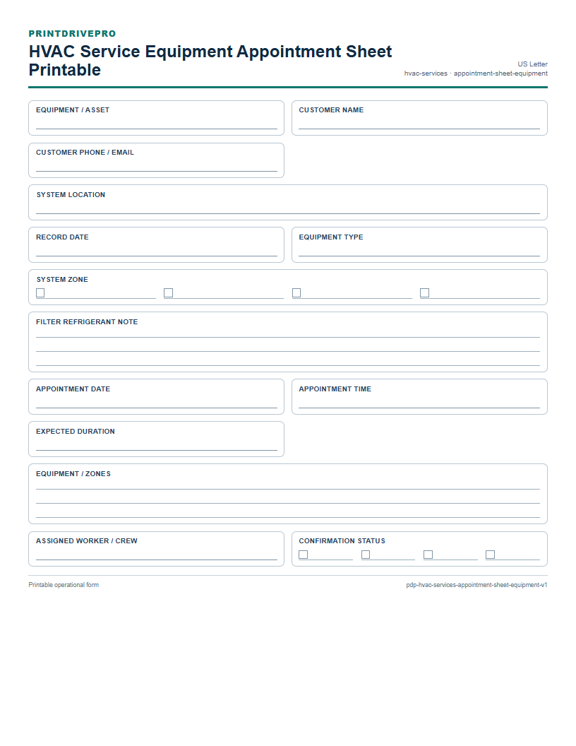 HVAC Service Equipment Appointment Sheet Printable preview
