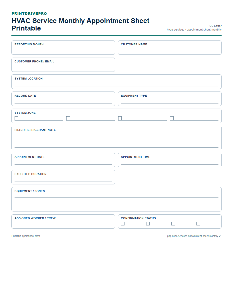 HVAC Service Monthly Appointment Sheet Printable preview