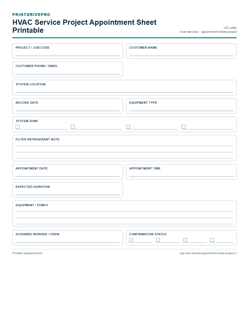 HVAC Service Project Appointment Sheet Printable preview