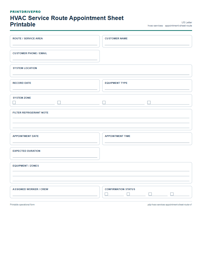 HVAC Service Route Appointment Sheet Printable preview