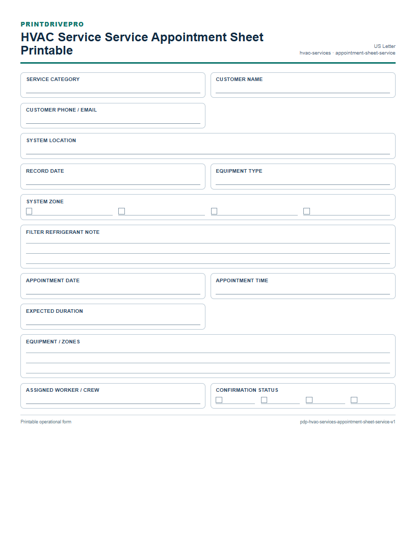 HVAC Service Service Appointment Sheet Printable preview