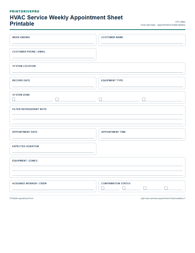 HVAC Service Weekly Appointment Sheet Printable preview