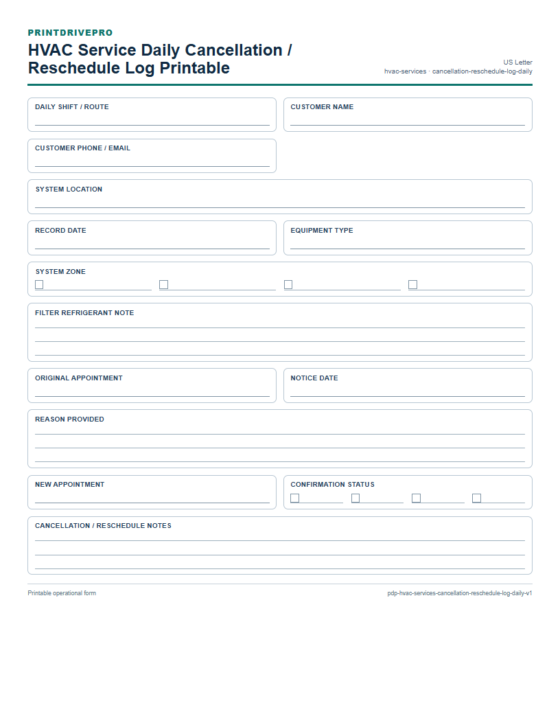 HVAC Service Daily Cancellation / Reschedule Log Printable preview