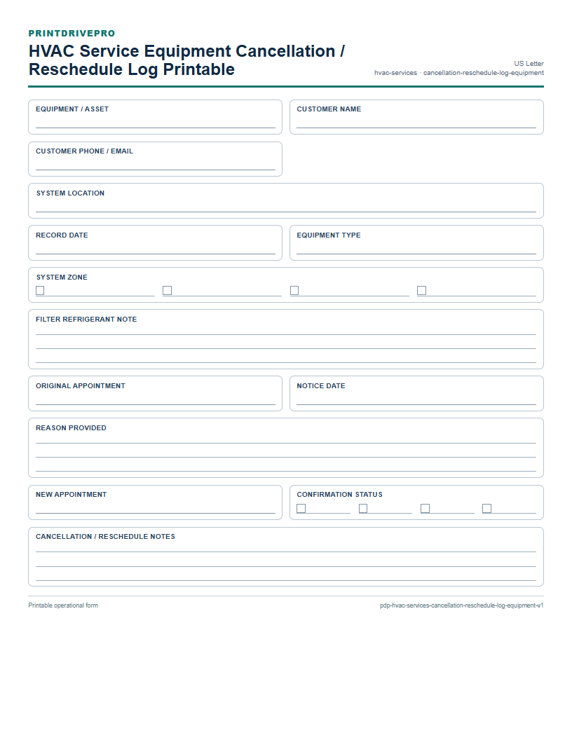 HVAC Service Equipment Cancellation / Reschedule Log Printable preview