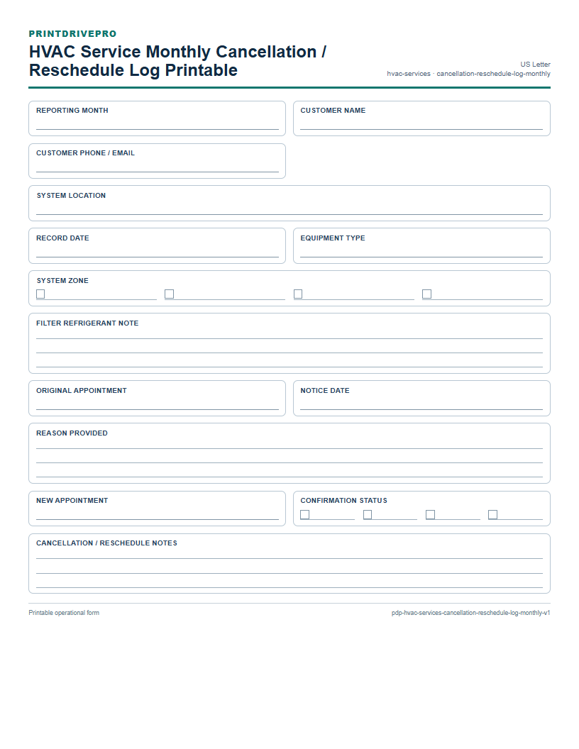 HVAC Service Monthly Cancellation / Reschedule Log Printable preview