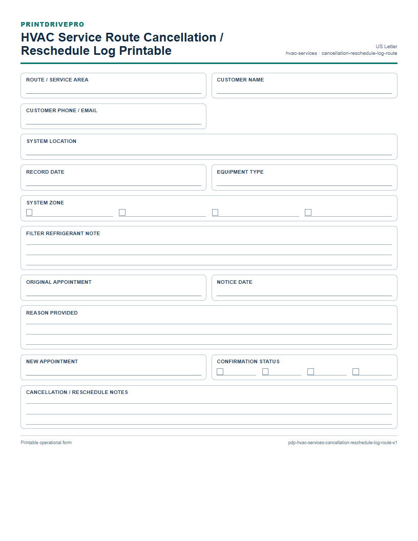 HVAC Service Route Cancellation / Reschedule Log Printable preview