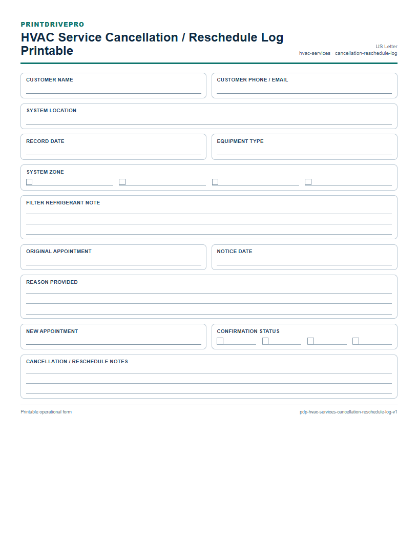 HVAC Service Cancellation / Reschedule Log Printable preview