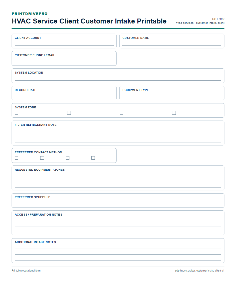 HVAC Service Client Customer Intake Printable preview