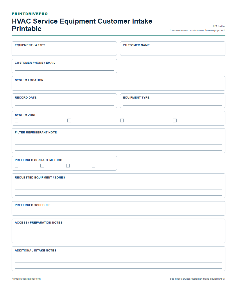 HVAC Service Equipment Customer Intake Printable preview