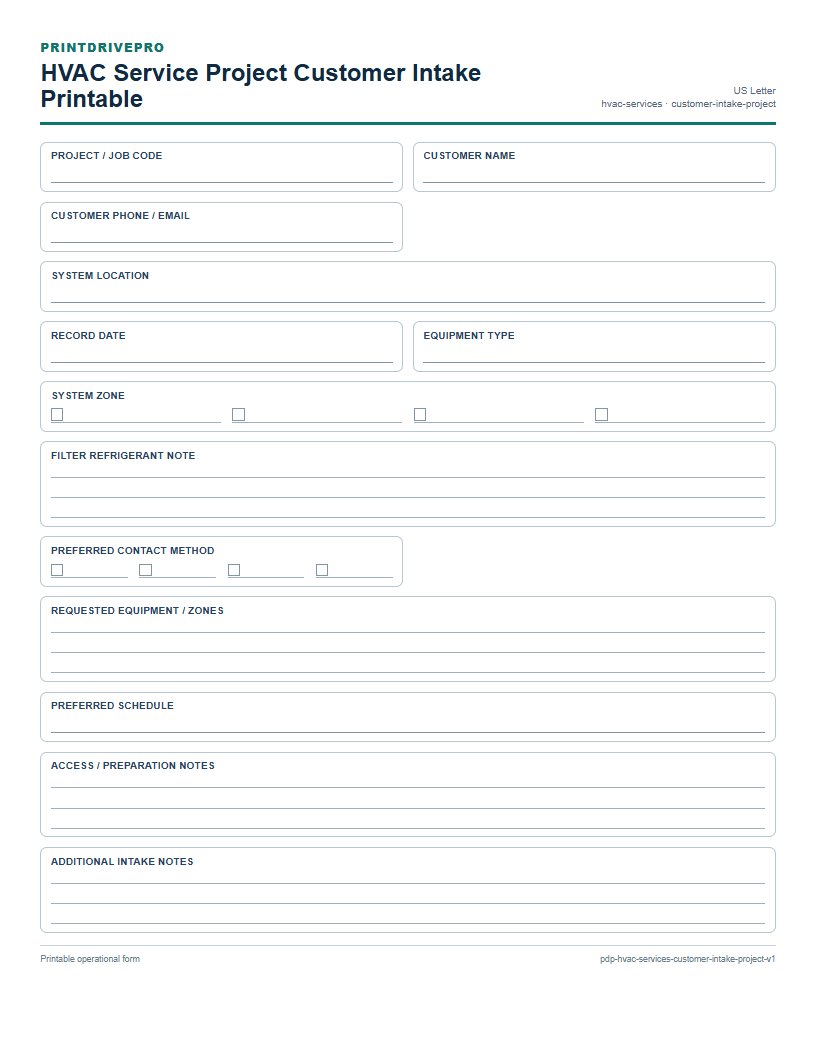 HVAC Service Project Customer Intake Printable preview