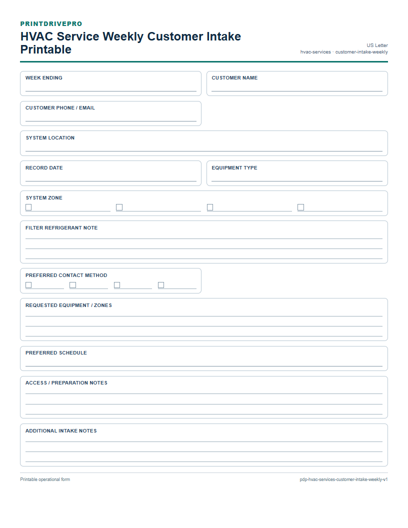 HVAC Service Weekly Customer Intake Printable preview
