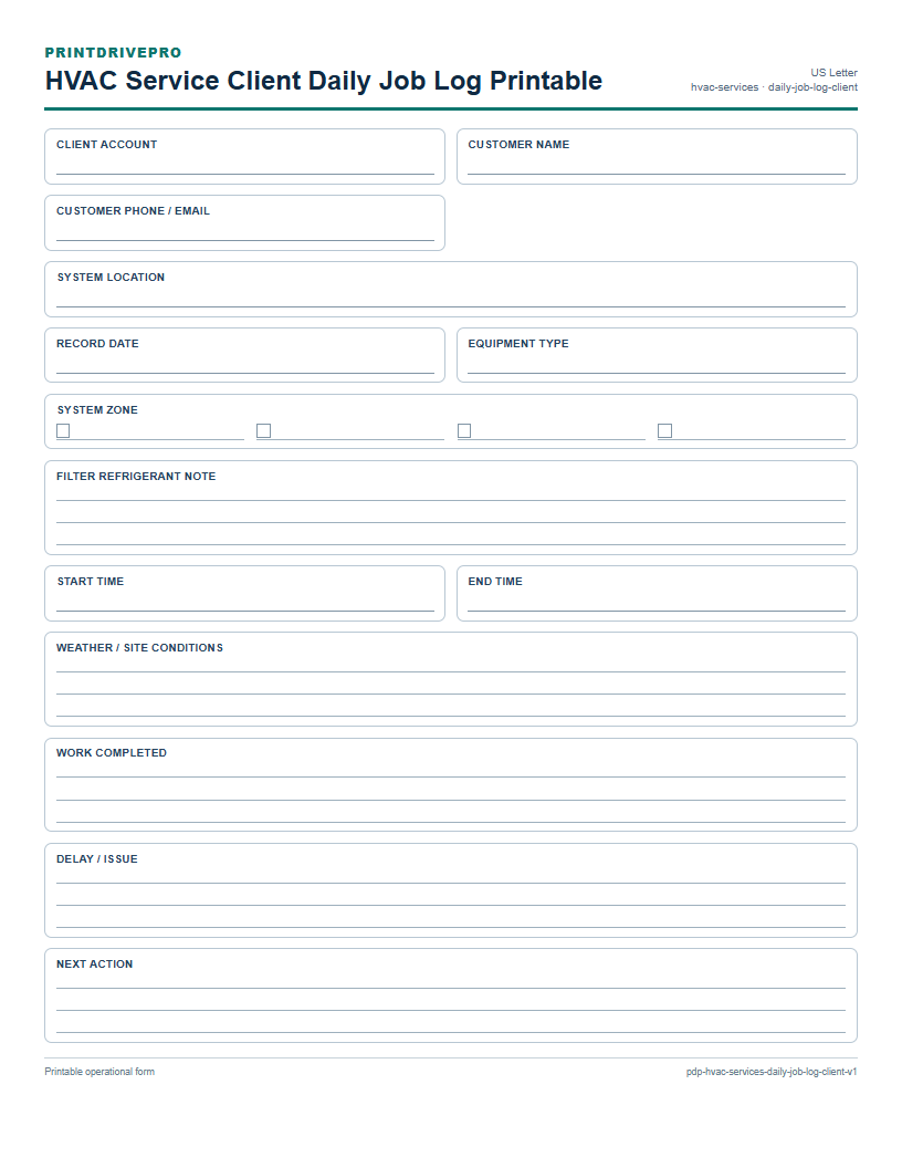 HVAC Service Client Daily Job Log Printable preview
