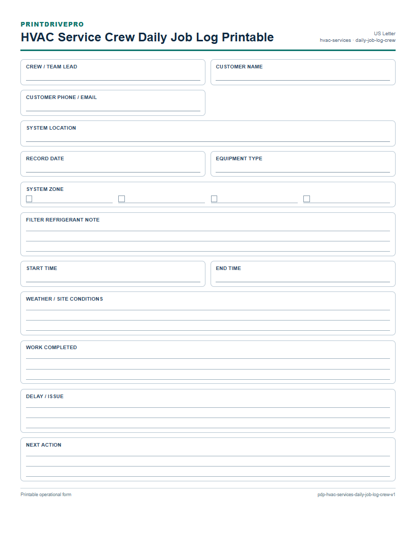 HVAC Service Crew Daily Job Log Printable preview