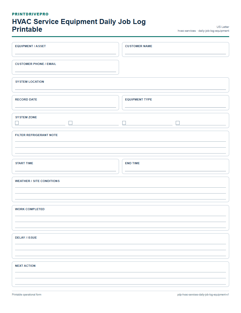 HVAC Service Equipment Daily Job Log Printable preview