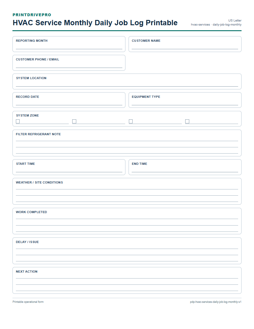 HVAC Service Monthly Daily Job Log Printable preview