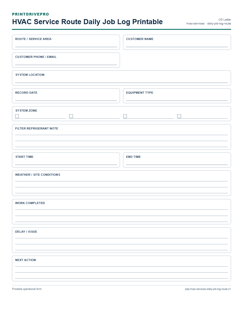 HVAC Service Route Daily Job Log Printable preview