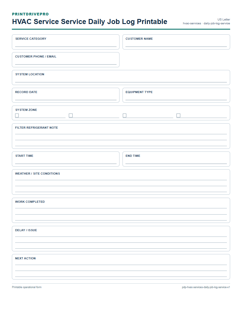 HVAC Service Service Daily Job Log Printable preview