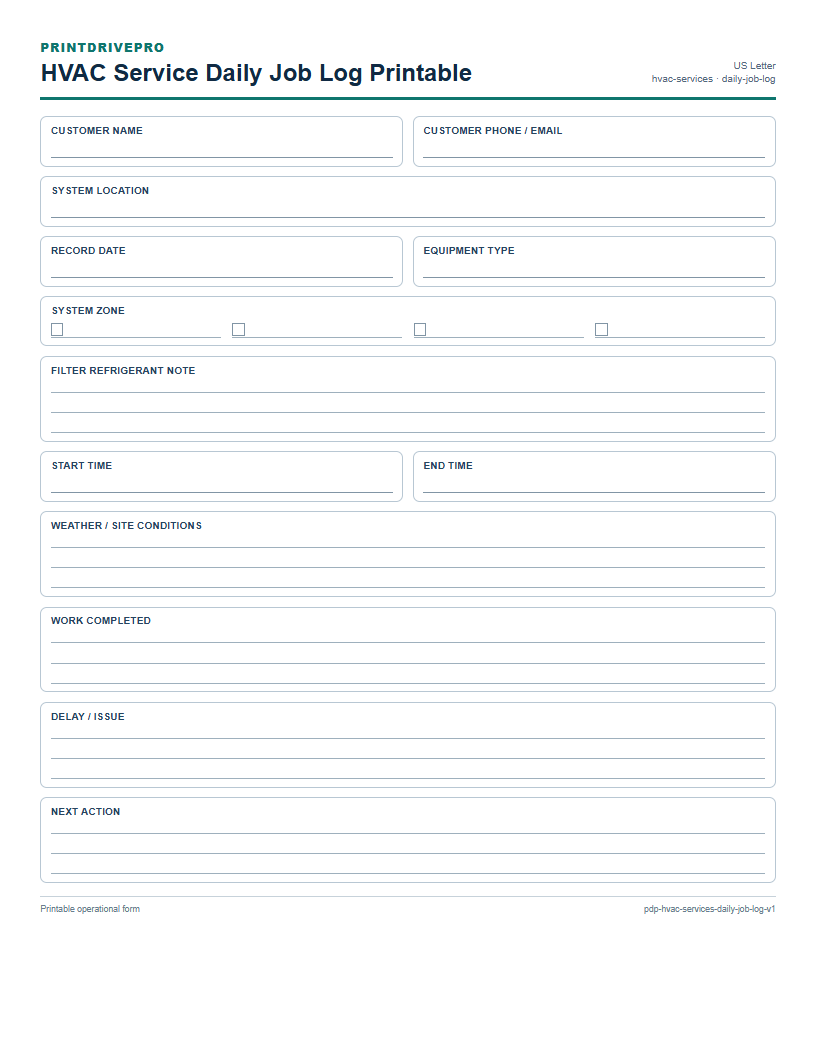 HVAC Service Daily Job Log Printable preview