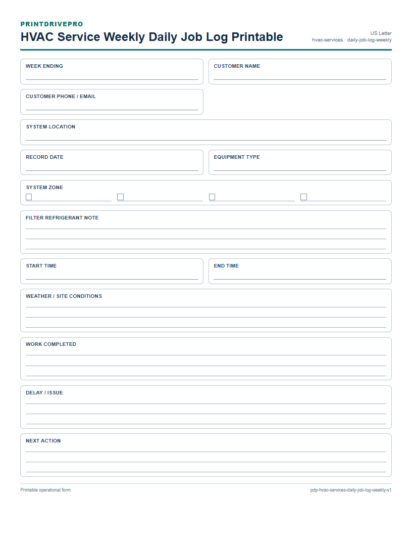 HVAC Service Weekly Daily Job Log Printable preview