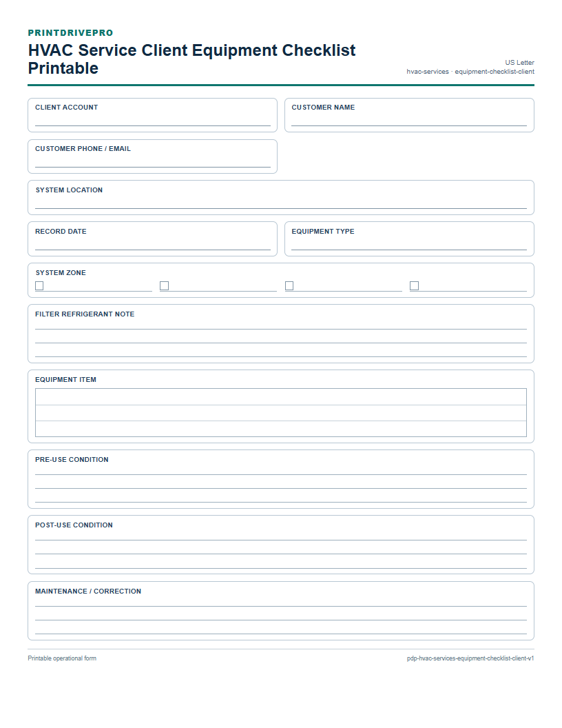 HVAC Service Client Equipment Checklist Printable preview