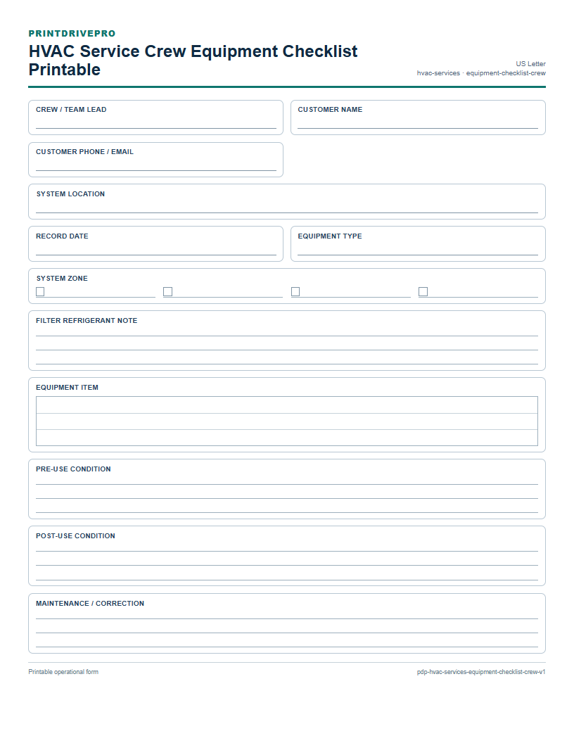 HVAC Service Crew Equipment Checklist Printable preview