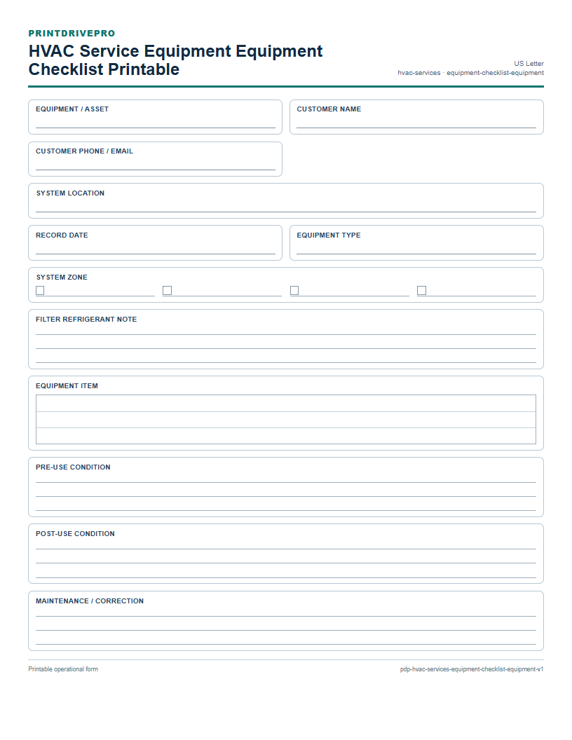 HVAC Service Equipment Equipment Checklist Printable preview