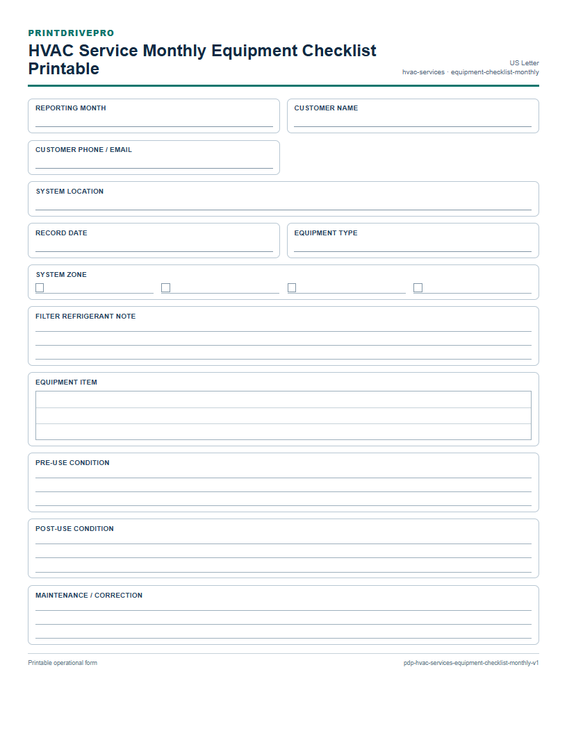 HVAC Service Monthly Equipment Checklist Printable preview